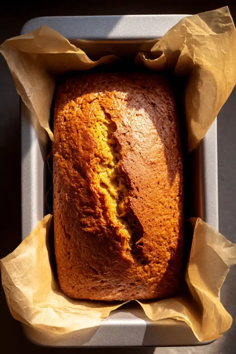 Golden brown pumpkin banana bread loaf fresh from the oven in a parchment-lined pan”