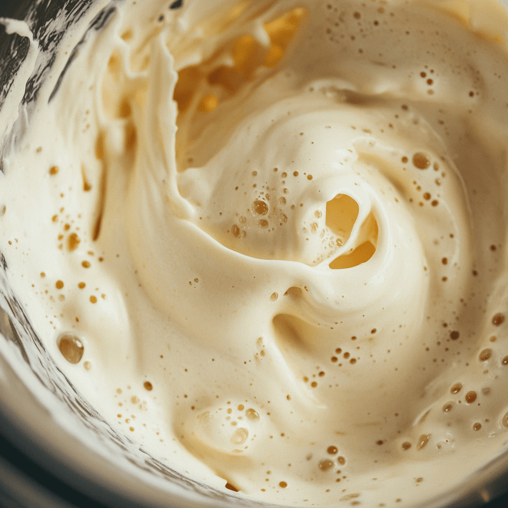 Vanilla protein shake blending in glass container