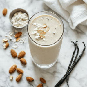 Good vanilla protein shake in glass with clean ingredients