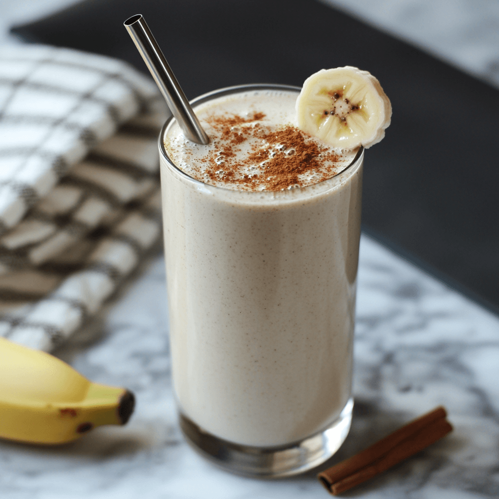 Served vanilla protein shake with fitness theme