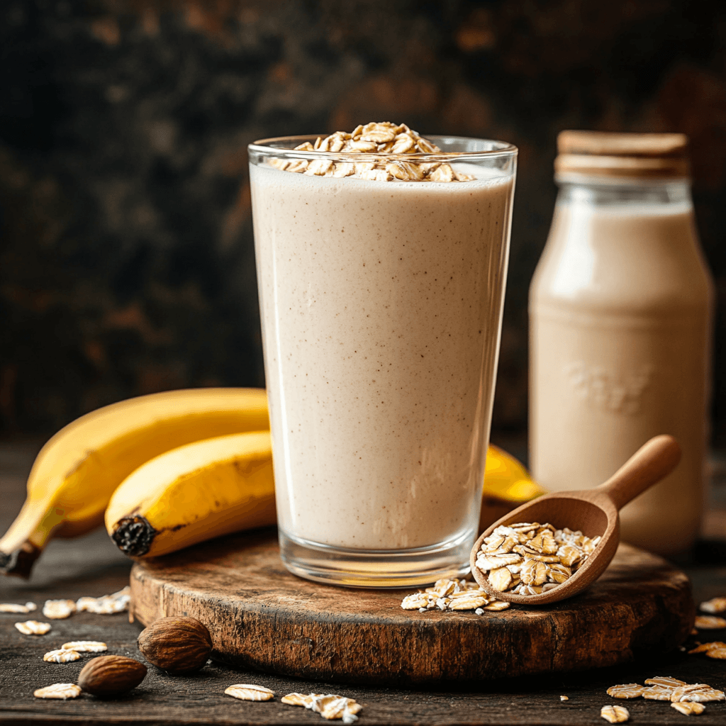 Finished vanilla protein shake with ingredients