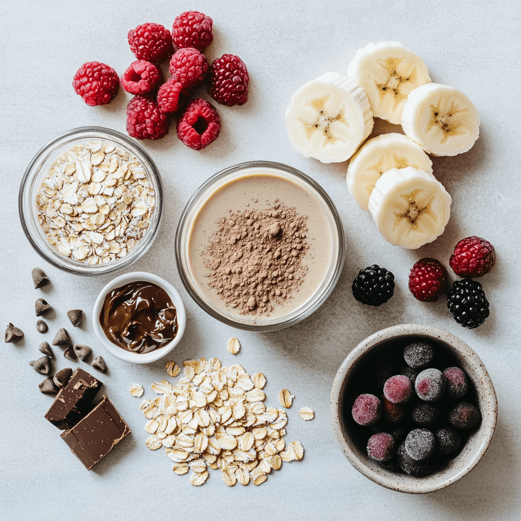 Ingredients for good vanilla protein shakes laid out neatly