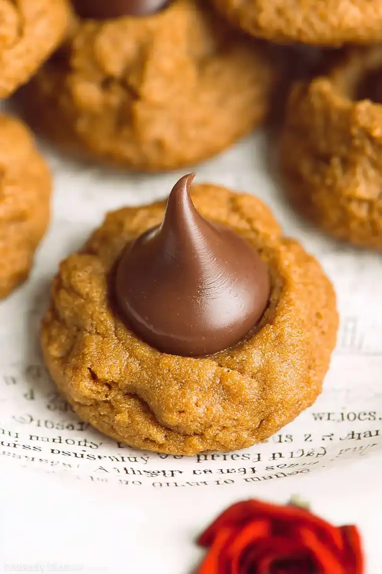 Close-up of a soft pumpkin cookie topped with a chocolate kiss on parchment paper
