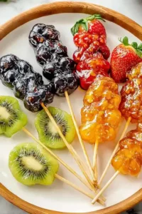 Tanghulu recipe (Chinese Candied Fruit) skewers with glossy sugar coating on mixed fruits like strawberries, grapes, and kiwi.