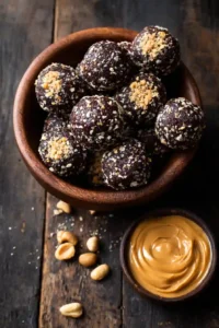Healthy chocolate peanut butter brownie energy balls in a wooden bowl topped with crushed peanuts.