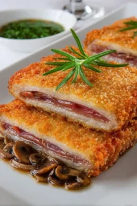Close-up of crispy stuffed beef cachopo filled with ham and cheese, served with mushrooms and rosemary garnish.
