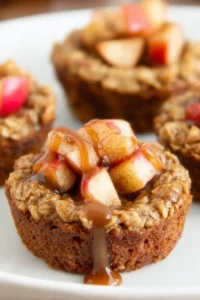 Close-up of warm apple pie oatmeal cups topped with diced apples and caramel drizzle