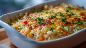Cheesy baked rice casserole topped with golden melted cheese and fresh herbs in a white baking dish.