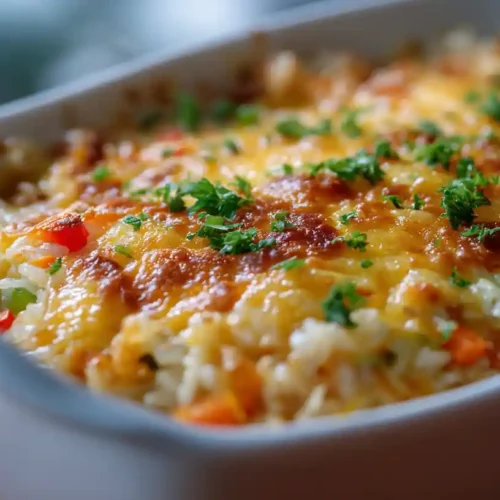 Cheesy baked rice casserole topped with golden melted cheese and fresh herbs in a white baking dish.