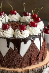 Close-up of a Black Forest cherry cake topped with whipped cream, chocolate ganache, and fresh cherries