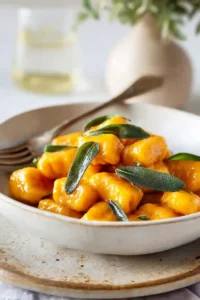 Creamy butternut squash gnocchi topped with crispy sage leaves and butter sauce