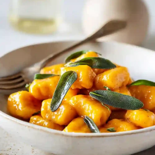 Creamy butternut squash gnocchi topped with crispy sage leaves and butter sauce