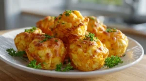 Golden, fluffy cheesy sweet potato puffs garnished with parsley, served warm on a white plate.
