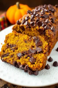 Moist chocolate chip pumpkin bread topped with melted chocolate chips and rich autumn flavors