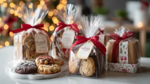 Beautifully wrapped Christmas cookie gift boxes tied with red ribbons and festive packaging, perfect for holiday gifting.