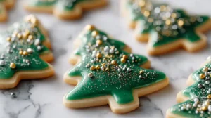 “Decorated Christmas tree sugar cookies with green icing and golden sprinkles on marble surface.”