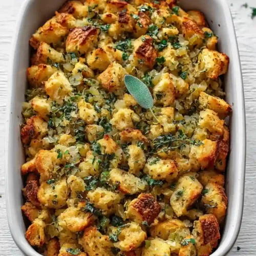 Baking dish filled with golden-brown classic holiday stuffing made with herbs, onions, and bread cubes