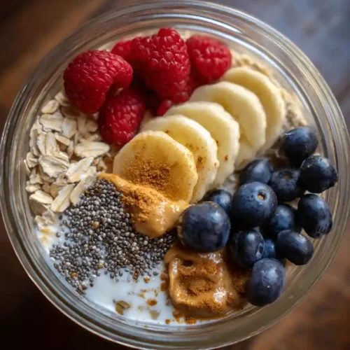 Creamy cottage cheese overnight oats topped with sliced bananas, blueberries, raspberries, chia seeds, peanut butter, and oats in a glass jar.
