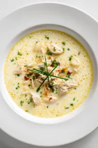 creamy chicken soup recipe with tender chicken pieces, herbs, and chives served in a white bowl
