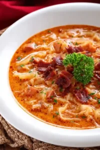 Bowl of creamy German sauerkraut soup topped with crispy bacon and fresh parsley