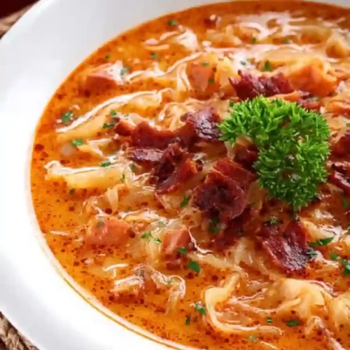Bowl of creamy German sauerkraut soup topped with crispy bacon and fresh parsley
