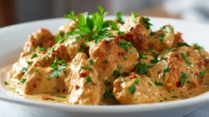 Close-up of creamy Cajun chicken garnished with fresh parsley and red pepper flakes in a white bowl