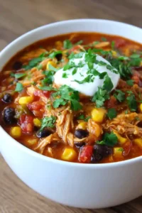 Bowl of creamy chicken chili topped with sour cream and fresh cilantro, filled with corn, black beans, and shredded chicken