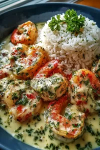 Creamy garlic butter shrimp served with white rice and parsley garnish in a bowl