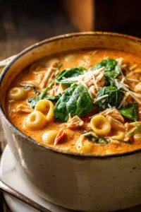 Rustic bowl of creamy Tuscan chicken soup with pasta shells, spinach, shredded chicken, and parmesan cheese
