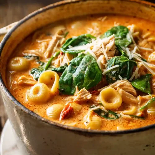 Rustic bowl of creamy Tuscan chicken soup with pasta shells, spinach, shredded chicken, and parmesan cheese