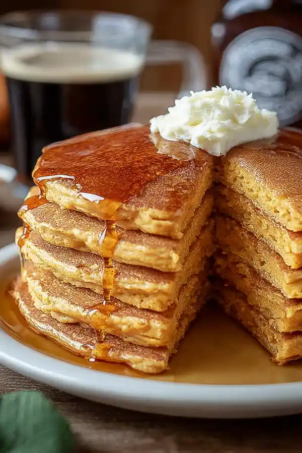 Stack of fluffy sweet potato pancakes topped with butter and drizzled with maple syrup, cut open to show texture