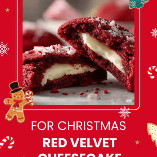 Close-up of red velvet cheesecake cookies with a creamy filling, topped with crushed candy canes, surrounded by holiday lights.