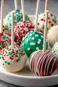 Festive Christmas cake pops decorated with red, green, and white sprinkles on a white plate – a cheerful holiday dessert.