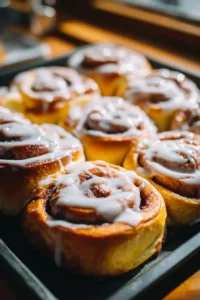 Fluffy cinnamon rolls topped with creamy vanilla icing, warm and golden brown in a baking tray.