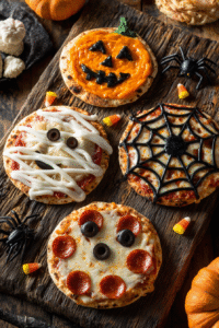 > Mini Halloween Pizzas decorated like mummies, pumpkins, and spiderwebs – fun spooky pizza recipe for kids and Halloween parties