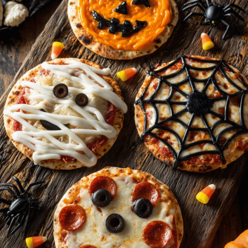 > Mini Halloween Pizzas decorated like mummies, pumpkins, and spiderwebs – fun spooky pizza recipe for kids and Halloween parties