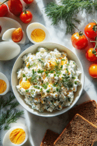Close-up of creamy cottage cheese egg salad topped with fresh chives in a white bowl.