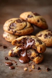 Close-up of warm gooey chocolate chip cookies with melted chocolate chunks on a rustic surface