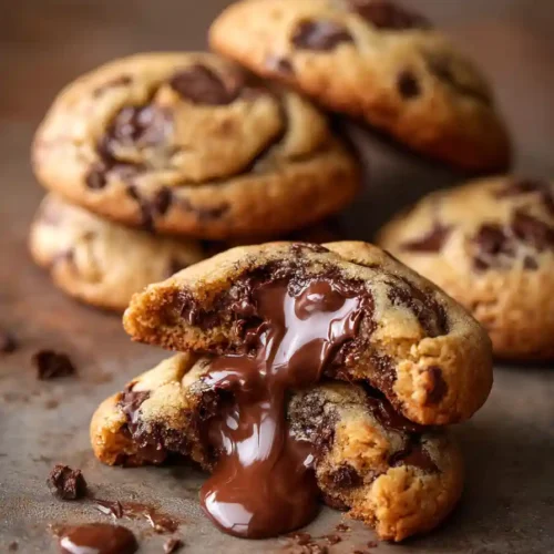 Close-up of warm gooey chocolate chip cookies with melted chocolate chunks on a rustic surface