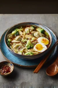 Bowl of gyoza dumpling soup with soft-boiled egg, broccoli, and scallions in a rich soy broth