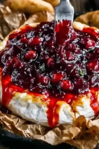 Baked brie topped with thick cranberry sauce dripping down the sides, perfect for Halloween parties