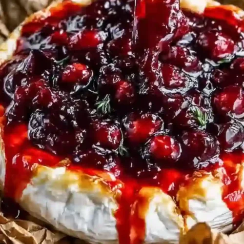 Baked brie topped with thick cranberry sauce dripping down the sides, perfect for Halloween parties