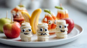 halloween fruit mummy snacks made with banana, apples, and candy eyes for a fun healthy halloween recipe