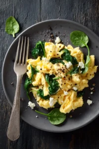 Fluffy scrambled eggs with fresh spinach and feta on a dark plate – high-protein breakfast recipe
