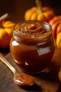 Jar of homemade pumpkin butter on wooden table with spoon and mini pumpkins in background