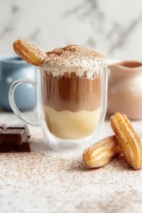 A glass mug of hot tiramisu latte topped with whipped cream, cocoa powder, and churros beside it