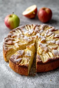 Close-up of a sliced French apple cake dusted with powdered sugar, featuring golden apple layers and a moist buttery crumb.