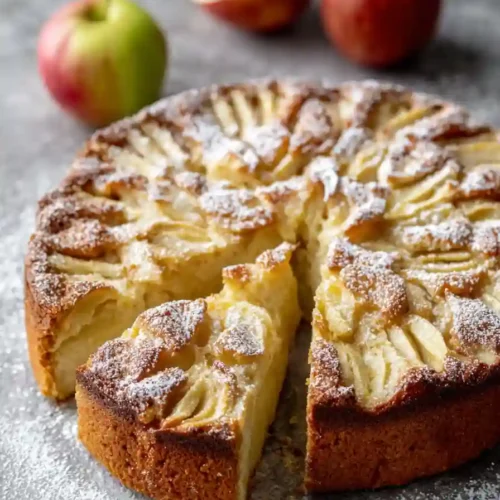 Close-up of a sliced French apple cake dusted with powdered sugar, featuring golden apple layers and a moist buttery crumb.