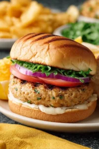 Close-up of a juicy grilled ground chicken burger with lettuce, tomato, and red onion on a toasted bun.
