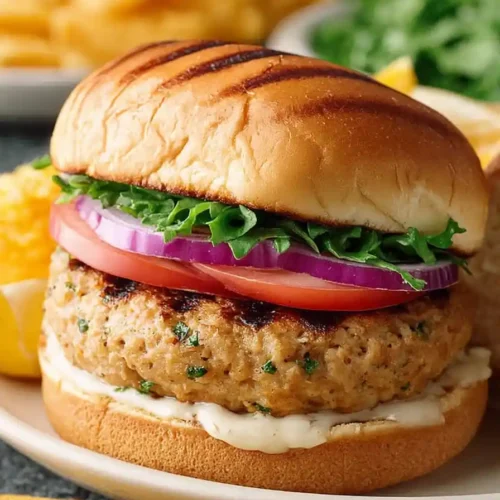 Close-up of a juicy grilled ground chicken burger with lettuce, tomato, and red onion on a toasted bun.